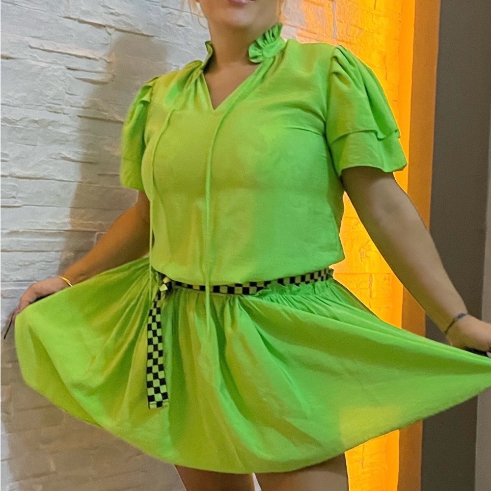 Vibrant Green Dress with Checkered Belt